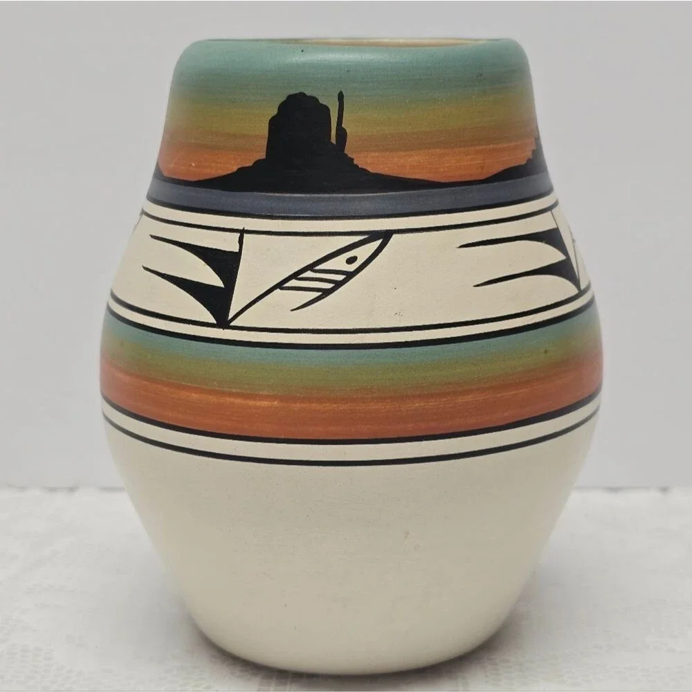 Native American Hand Painted Pottery Vase Signed By Wallace T. Navajo Folk Art